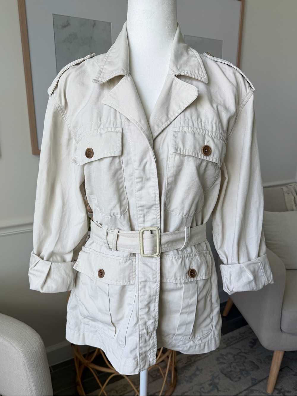 Banana Republic Heritage Linen Blend Safari Jacket Ivory Belted Utility Jacket - Picture 5 of 15